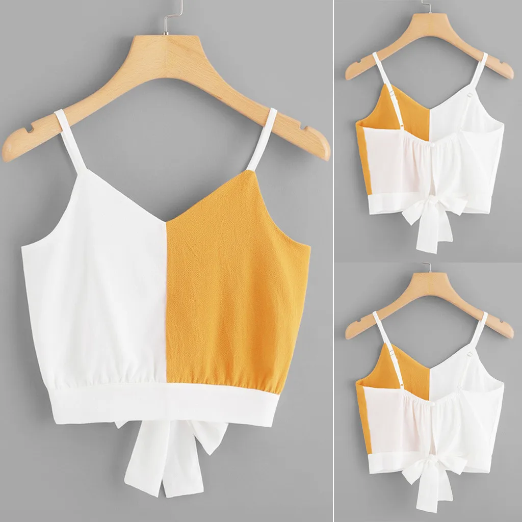 

Fashion Women Casual Camis Patchwork Sleeveless V-Neck Short paragraph High waist Wild Tie Back Color Block Tops roupas femini