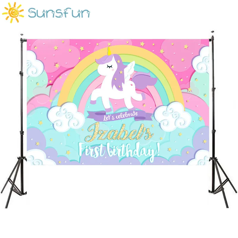

Sunsfun 7x5FT Unicorn Backdrop Birthday Background Golden Rainbow Stars Flowers for Baby Party Photo Booth 220cm x 150cm