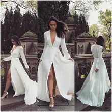 Women's Deep V Neck Vintage Long Sleeve Long Dress Slim Wedding High Slit Up White Maxi Dresses Elegant Party Dress club dress Women's Deep V Neck Vintage Long Sleeve Long Dress Slim Wedding High Slit Up White Maxi Dresses Elegant Party Dress club dress