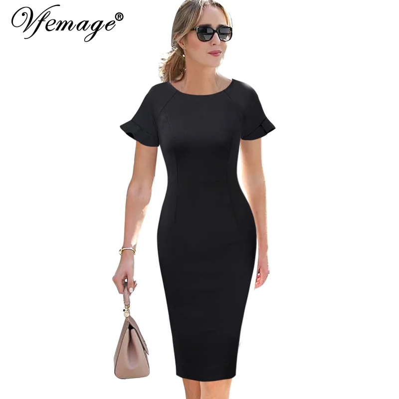 Vfemage, женское элегантное платье с оборками и рукавами-крылышками, повседневная одежда для работы, бизнеса, офиса, коктейля, вечерние, облегающее платье-футляр, 503