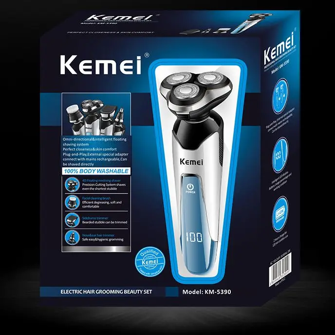 Kemei KM-5390, 4 в 1, электробритва, моющийся триммер для волос в носу, электрическая бритва, Мужская бритвенная машина, набор для ухода за лицом, очищающее средство