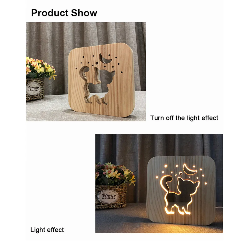 HOT 3D Kitten Wood Table Lamp LED USB Charging Table Nightlight for Home Bedroom LSF99