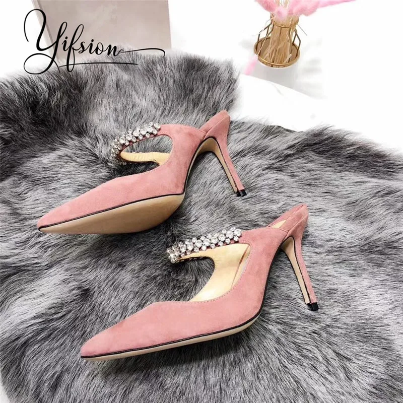 

OLOME New Spring Summer Pink Pumps Mules Shoes Women Pointed Toe Crystal Beading Thin High Heel Women Pumps Party Shoes Woman