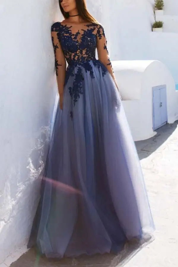 

2019Floor-length Evening Dress Long Lace Tulle Elegant Party Gowns Evening Gowns Prom Dress Abendkleider Vestido Para Festa Long