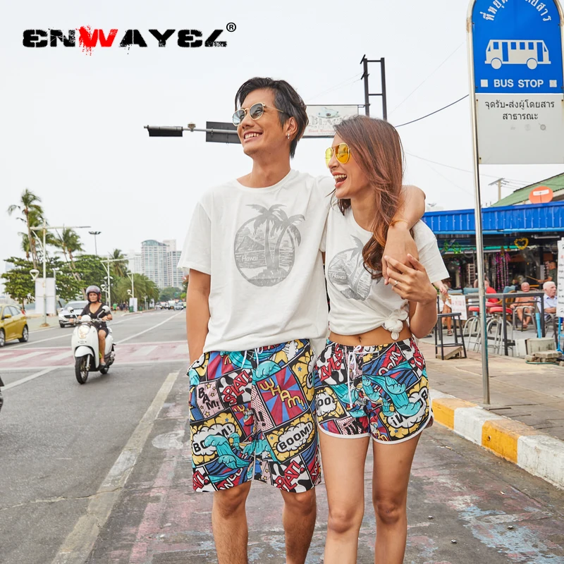 

ENWAYEL 2019 Summer New Unisex Casual Shorts Men Women couples Male Camouflage Flowers Print Straight Short Beach Mens Clothing