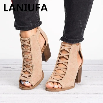 

Sexy Summer Women Sandals High heels Shoes Woman Rome Fish Mouth Hollow mid Heel Sandals women Large Size 34-43 Casual Shoes &37