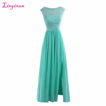 

Linyixun Real Photo Sexy Long Prom Dresses 2017 Appliques A line Lace Mint Blue Evening Dress With Sashes Vestido de Festa Longo