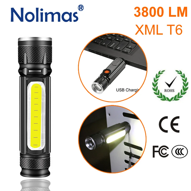

USB Charger LED Flashlight 18650 3800LM Torch 4 Modes Zoomable Tactical T6 COB Magnet Flashlights XML Outdoor Camping Lanterna