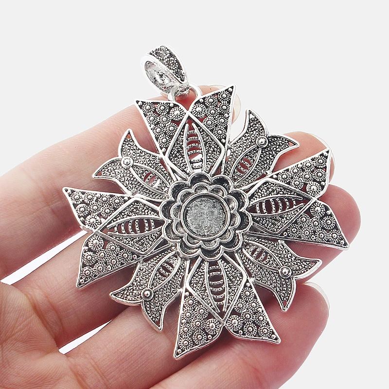 

2pcs Antique Silver Large Open Flower Heart Charm Round Blank Cabochon Tray Setting Pendant DIY Necklace Jewellery Findings
