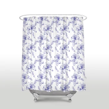 

New Arrival Waterproof Floral Shower Curtain with Hooks Polyester Fabric Lavender Bathroom Curtains for Home Decor Purple White