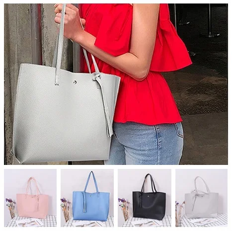 Women Handbags Solid Color Tassel Pendant Big Capacity Shoulder Bag Fashion Simple Female Vintage Tote Shopping Travel Bag
