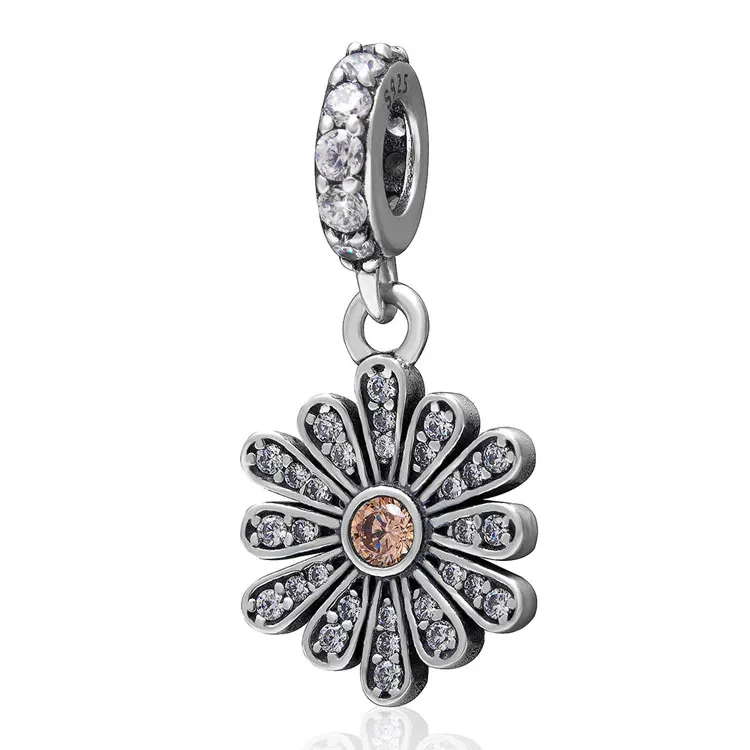 Luxury clear & orange cz pave sparkling Sunflower charm pendant silver