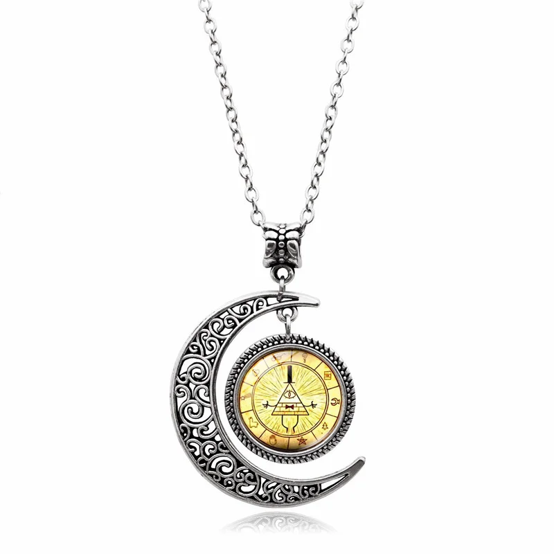 

Vintage Style Silver Crescent Moon Necklace Steampunk Drama Gravity Falls Mysteries BILL CIPHER WHEEL Time Gems Pendant Necklace