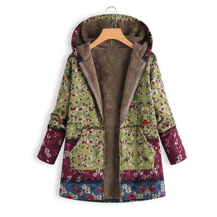 

Women's 1940s' Vintage Printed Flower Hooded Sweater Fleece Warm Coat