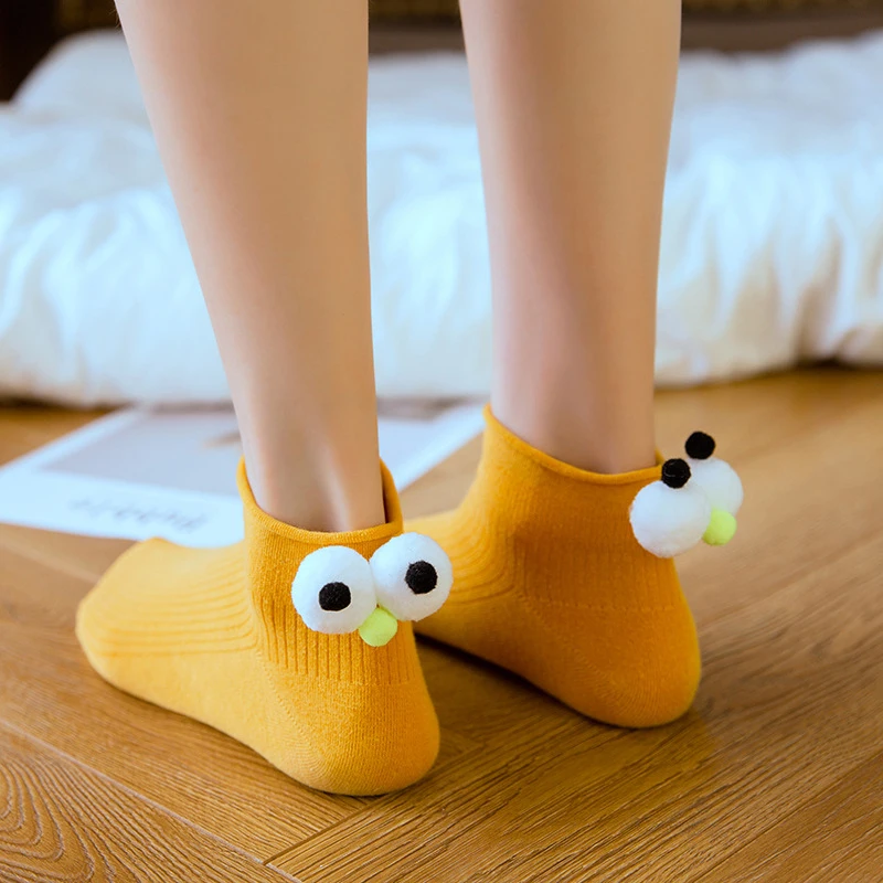 

Female Japanese Solid Color Cute Heel Girl Big Eye Cartoon Socks Pure Cotton Socks Women's Slip-on Socks Vertical Striped