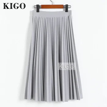 

KIGO Autumn Women Pleated Skirt Vintage High Waist Midi Skirt Jupe Knee-Length Gray Elegant Skirt Casual Saias KJ1364H