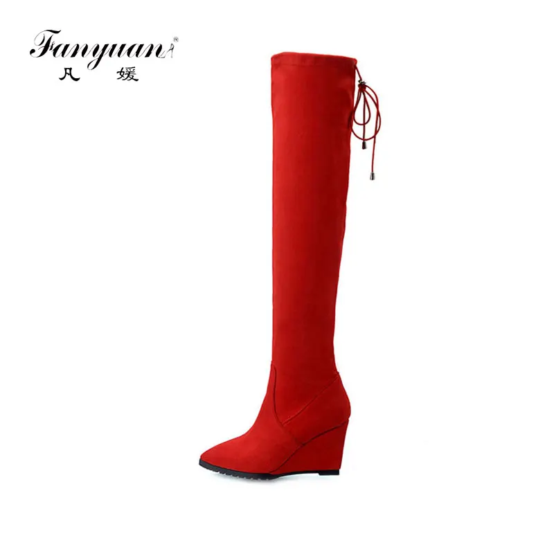 

Fanyuan high wedges heels women over the knee high snow boots platform ladies party boots autumn winter warm fur shoes woman