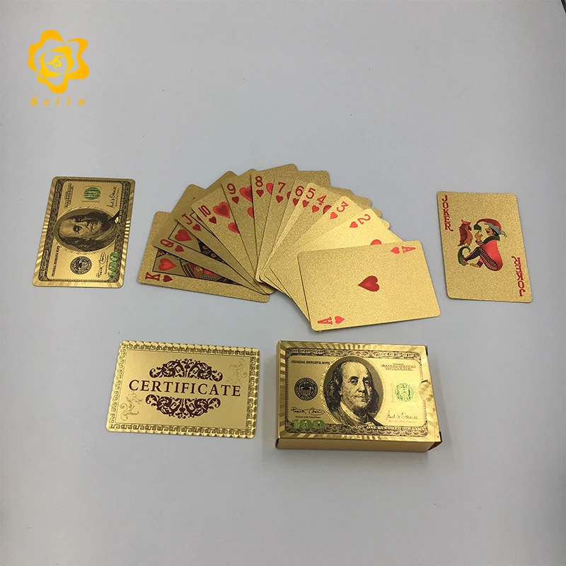 Прочный PET материал золото или серебро 100 USD банкноты спроектированные игральные карты с деревянной коробкой для игры в азартные игры и детские подарки