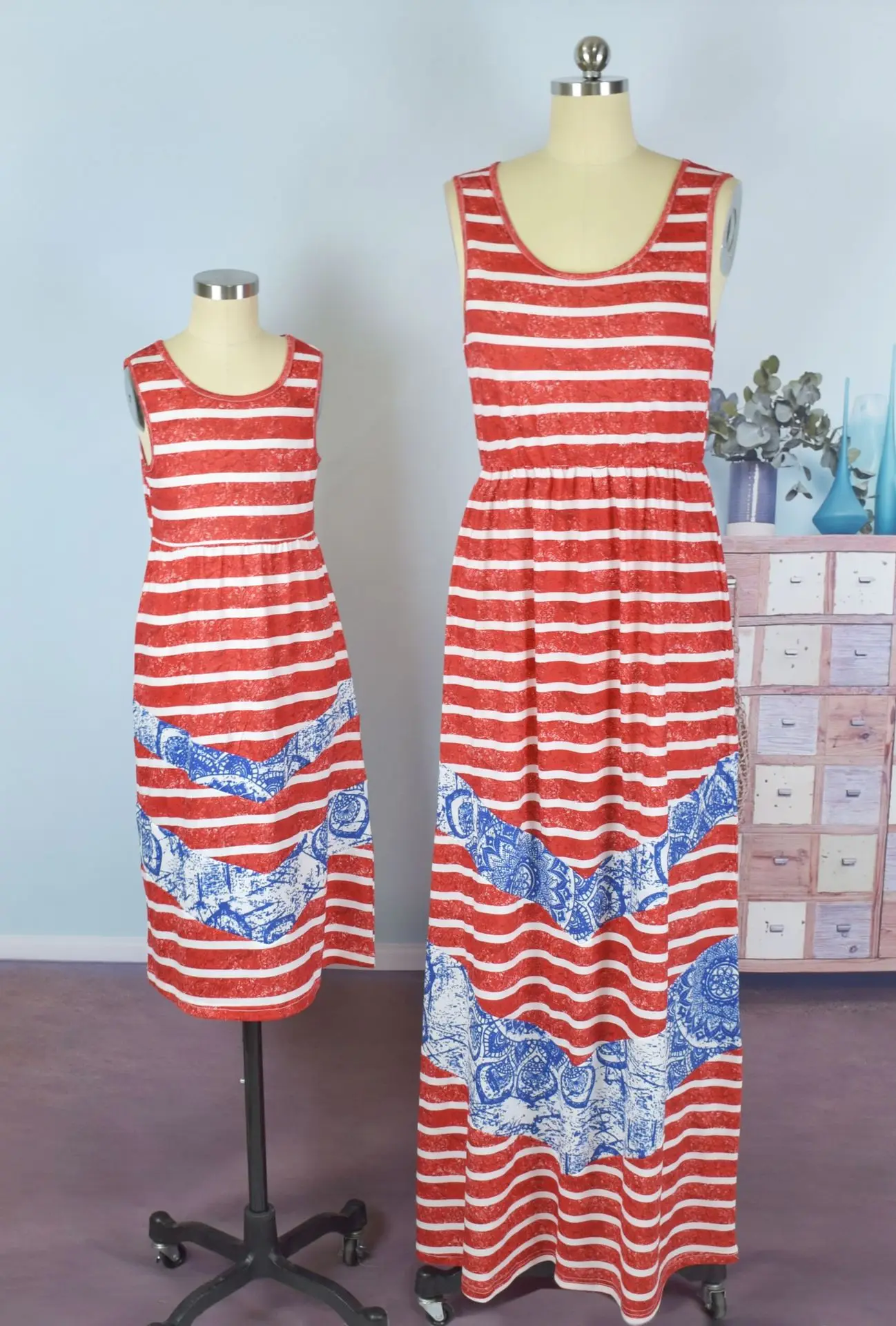 ZOGAA 2019 red white plaid abstract stitching mother daughter dresses sleeveless long skirt moeder dochter kleding