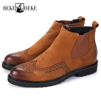 

Retro Wing Tip Brogue Mens Ankle Boots Round Toe Block Low Heel Chelsea Boots Top Brand Real Cow Leather British Shoes Footwear