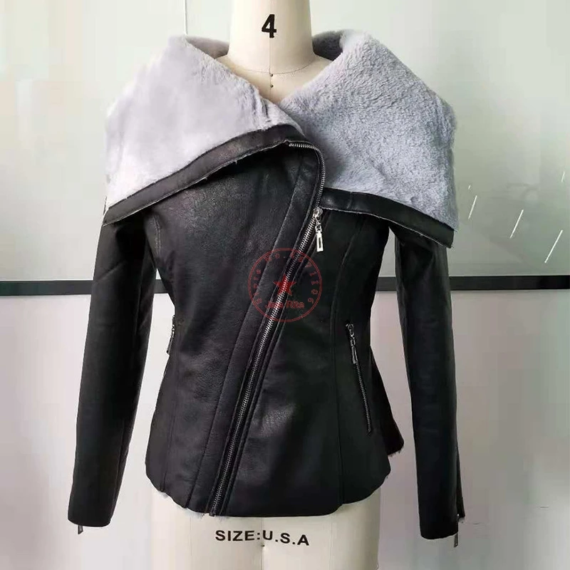 Европейский и американский тренд, Женская куртка из искусственной кожи, куртка плюс бархатная с асимметричной молнией, короткая теплая мотоциклетная куртка