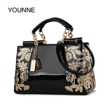 YOUNNE женская сумка с вышивкой, женские сумки на плечо, дизайнерская лакированная кожа, винтажные цветы, женская сумка с ручкой сверху