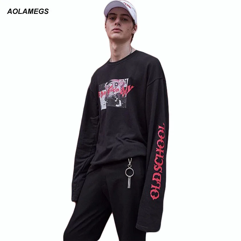 

Aolamegs Long Sleeve T shirt Men Women Old School Hip Hop Style Tee Youth Fashion Rap Streetwear Today is good day Print T shirt