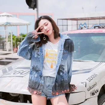 

TREND-Setter 2018 Autumn and Winter Coconut tree Denim Jacket Women Hole Hip Hop Style Jean Jacket and Coat Ladies