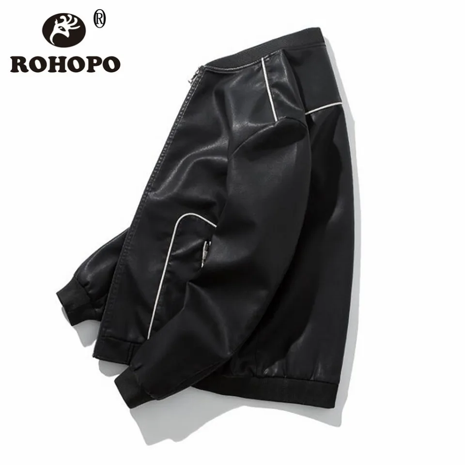 

ROHOPO TOP Quality Leather Jacket Men 2019 Male Leather Bomber Casual Outwear Jackets Oneck Autumn Slim Windbreaker Leather Man