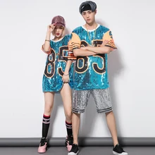 Костюм в стиле хип-хоп для мужчин и женщин, топы для уличных танцев, джазовые танцевальные костюмы, свободная футболка большого размера с блестками, одежда для сцены, рейв-одежда DN2072