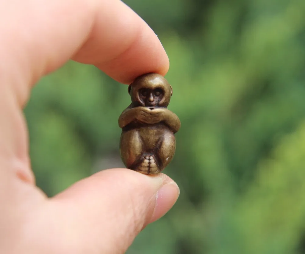 3 CM 100% Pure Bronze Chinese Zodiac Animal 3 Don't Monkey Statue Amulet Pendant 