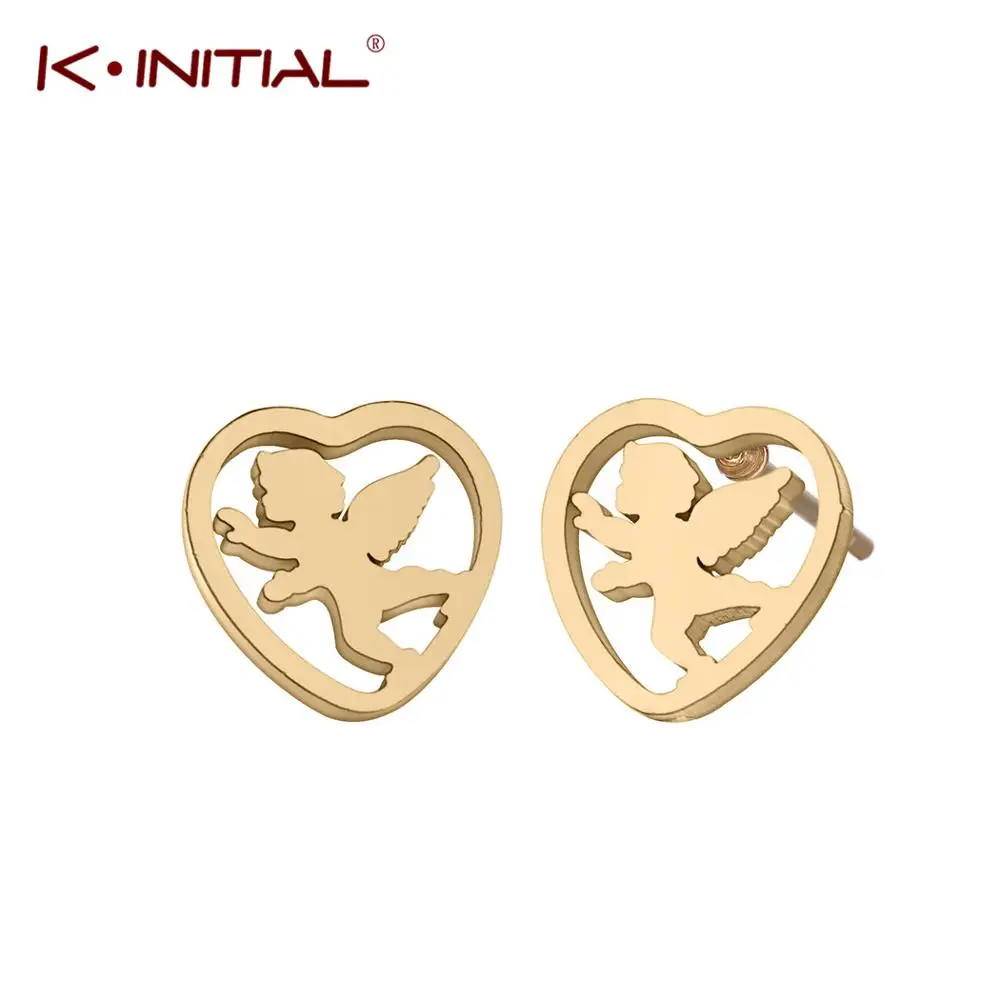 

Kinitial Stainless Steel Romantic Jewelry 2018 Heart Stud Earrings For Women Wedding Gold Angel Earrings Gift Jewelry