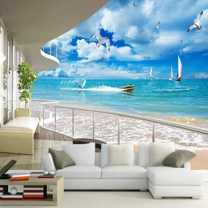 

3D space large mural wallpaper resort balcony sunny seaside landscape for living room dining room hallway thick non-woven type