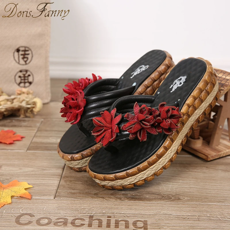 

DorisFanny summer platform flip-flops genuine leather black red beige beach slipper unicorn slippers home women beach flip flops