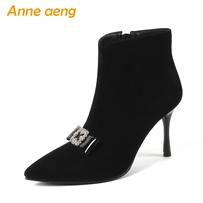 

2019 New Women Winter Ankle Boots High Heels Butterfly-knot Pointed Toe Elegant Sexy Ladies Boots Black Women Kid Suede Shoes