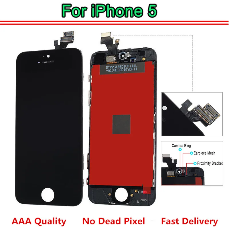 

10PCS/LOT AAA No Dead Pixel pantalla for iPhone 5 LCD Display Touch Screen Digitizer Assembly Replacement Black White Free Ship