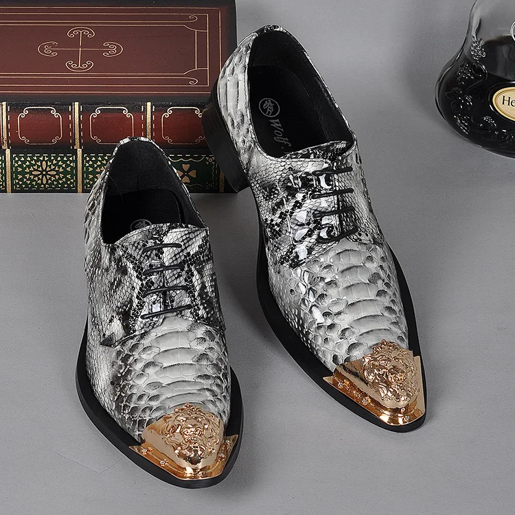 Fashion Luxury Pointed Metal toe Snakeskin Genuine Leather Mens Shoes ...