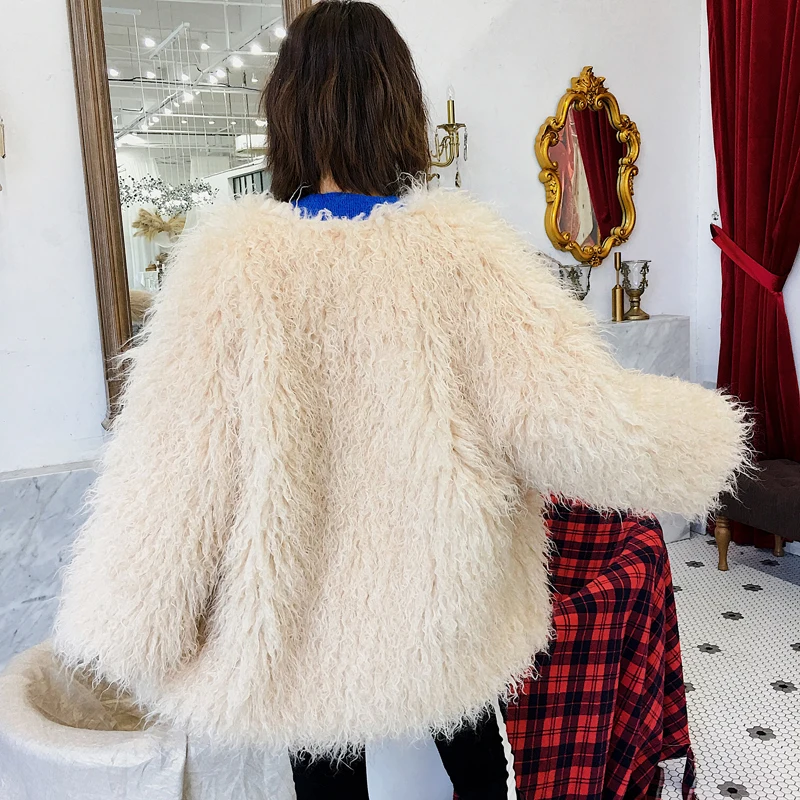 Брендовое роскошное Пышное Фиолетовое Женское пальто, Зимняя мода, горячая распродажа, куртка, пальто из искусственного меха монгольской овцы, длинное теплое пальто для женщин
