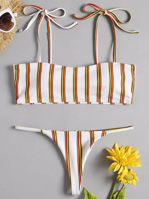 2018 New striped bandeau G String bikini Tie strap swimsuit women