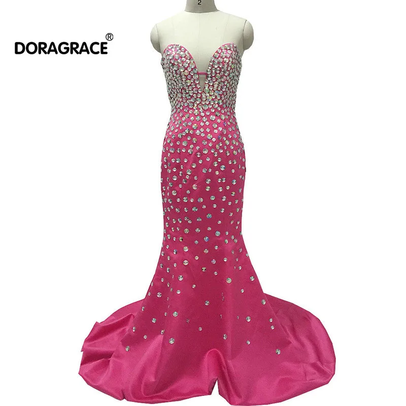 

Doragrace vestidos de fiesta Real Photo Prom Dresses Crystal Evening Dress Mermaid Evening Gowns Sweetheart Sleeveless