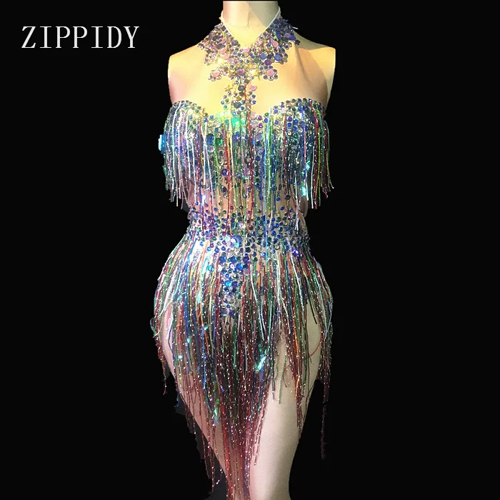 Colorful Fringes Rhinestones Bodysuit Women Stage Dance Costume Nightclub Dance Female Singer Show Bright Leotard