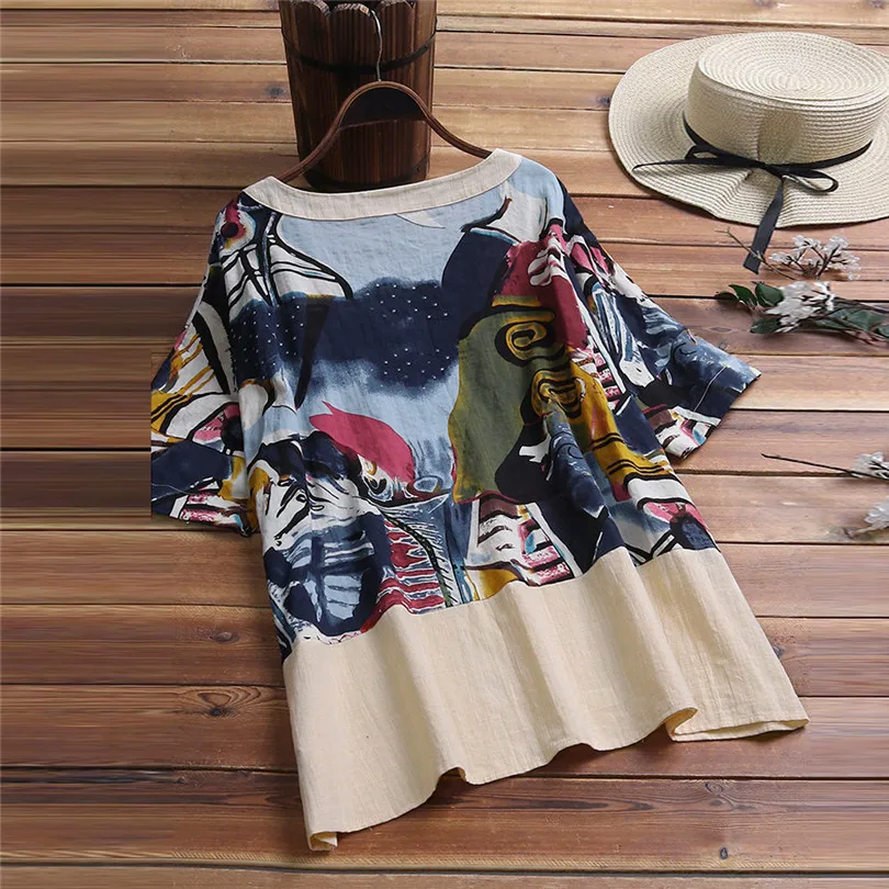 New Women Fashion Summer Vintage O-Neck Art Printing Casual Daily Half Sleeve Button Cotton Top  Blouse Tops #4A25 (3)