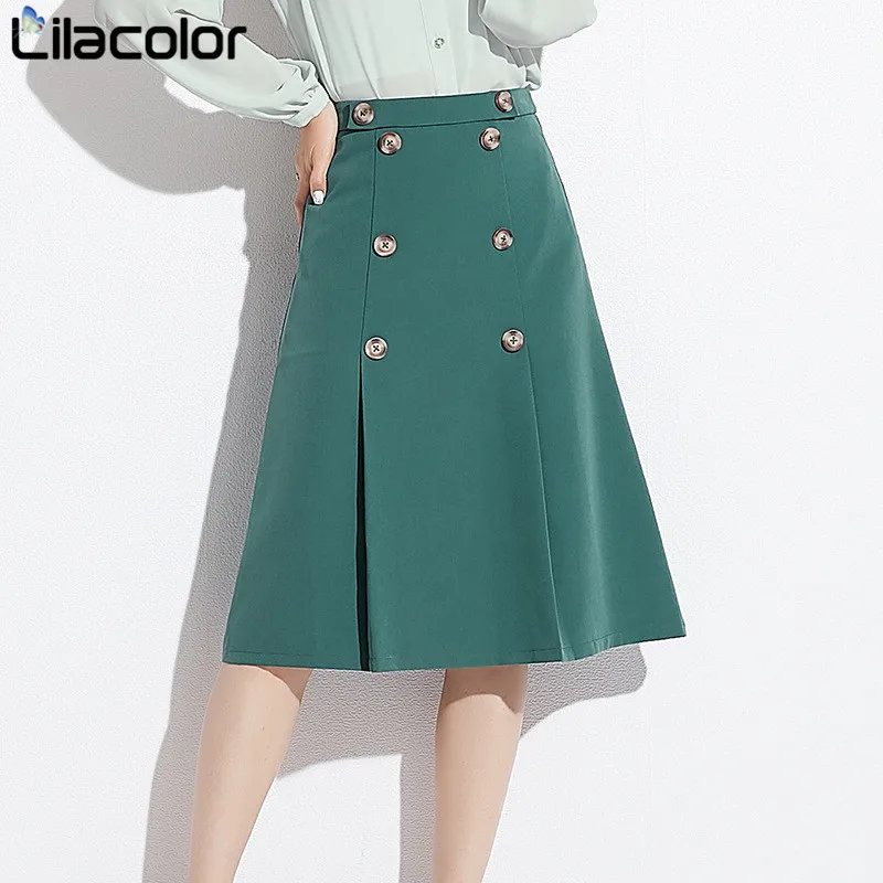 

Elegant Green Women Mid Skirt 2019 Spring Summer Zipper High Waist Pleated A Line Office Lady Skirts Button Solid Female Skirt