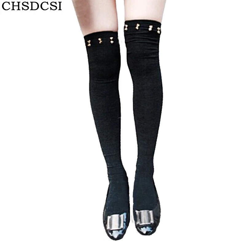 

New Arrived Women Stockings Fashion Punk Metal Spike Rivet Leg Warm Cotton Long Girls Woman Above Knee Absorb Sweat Hosiery W032