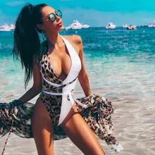 Леопардовый принт V образным вырезом Swimawear женский купальник пуш-ап мягкий женский бикини набор купальников Цельный купальный костюм Монокини