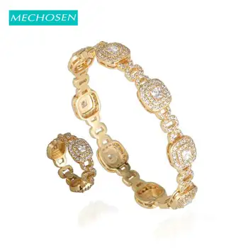 

MECHOSEN New Luxury Geometric Zircon Gold Color Ring Bangle Jewelry Set For Wedding Party Women Bride Hand Accessories Gift 2019