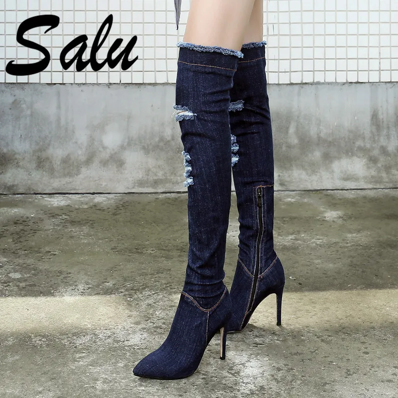 

Salu New Arrival Women Over The Knee Boots Autumn Winter Warm High Heels Shoes Woman Pointed Toe Elegant Zipper High Boots