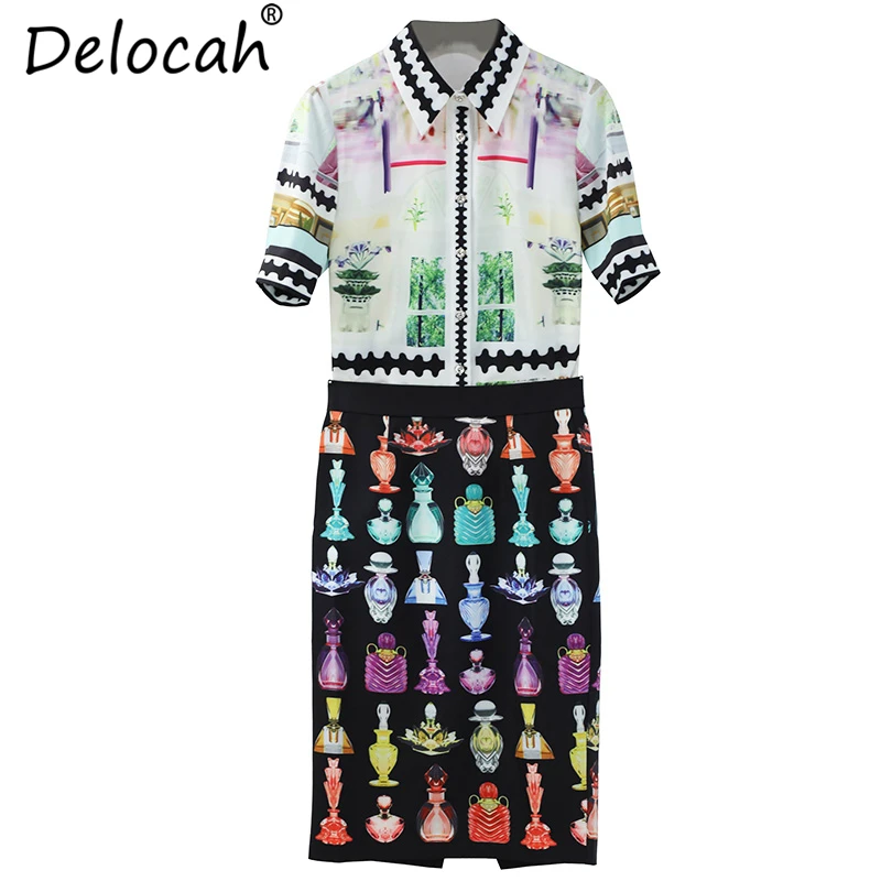 Delocah, новинка, женские весенне-летние винтажные костюмы, Подиумные, модные, дизайнерские, с пейзажным принтом, рубашка+ элегантная юбка с разрезом, комплект из двух предметов