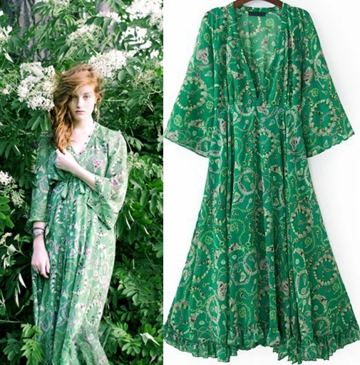 Free shipping Women Summer Boho Vintage Green Long Sleeve