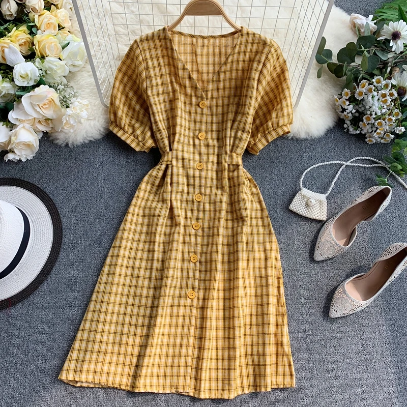 

Retro Button Slim V Neck Plaid Print Mini Short Dress Summer Party Tie Jurkjes Vintage Women Dresses Casual A-Line Vestidos